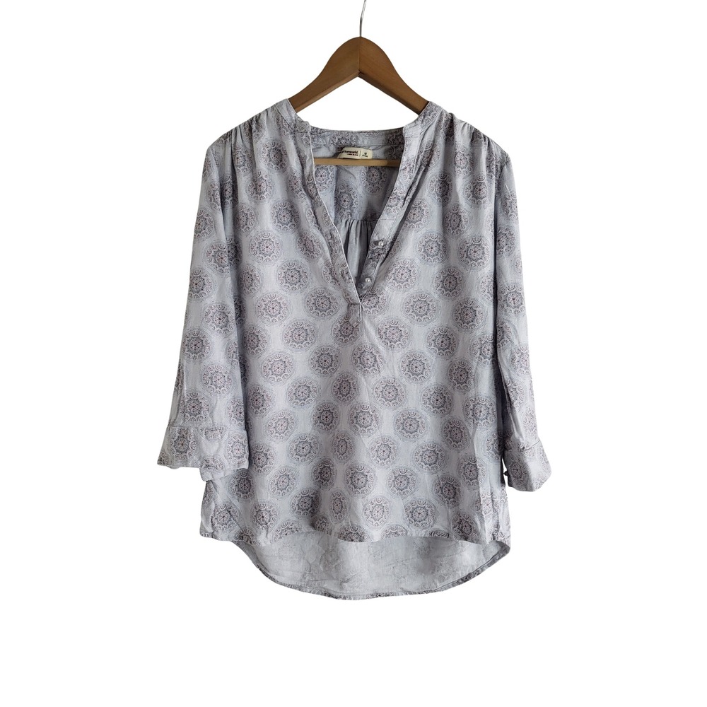 Cottonworld Linen Blend Medallion Print Tunic Blouse Blue M Boho Chic Lagenlook